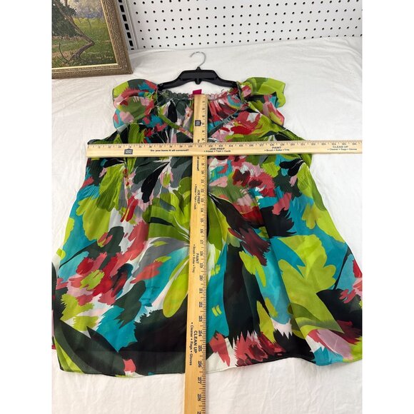 Sunny Leigh XL Watercolor Floral Ruffle Blouse Sheer Short Sleeve Artsy Colorful - Picture 6 of 6